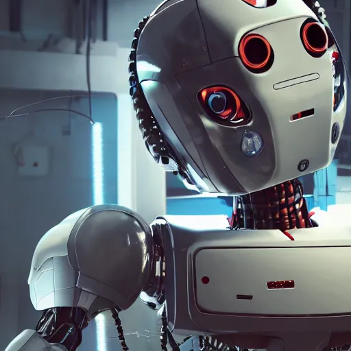 Prompt: a closeup shot of a robot being repaired in factory,cyberpunk,2077,big mecha,gundam,realistic,8k