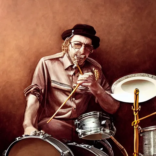 Image similar to 1940's musician playing drums, drumkit, drum sticks in hand, photorealistic art, hd, 8k, intricate details, high definition