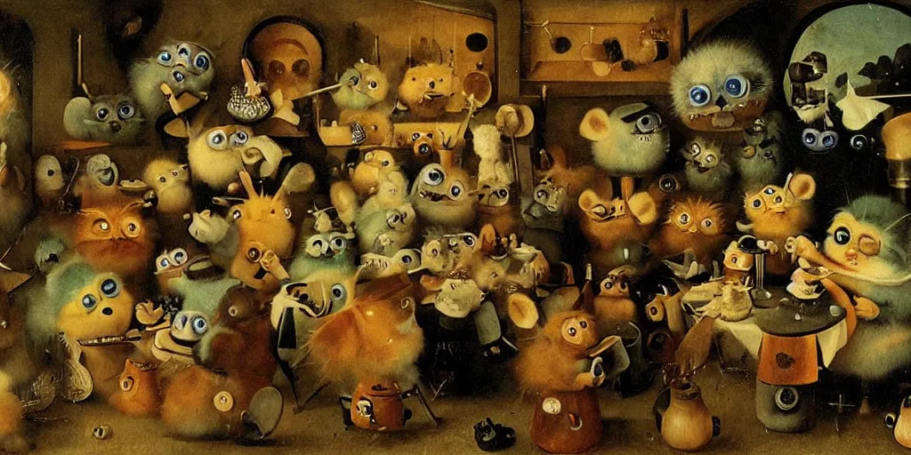 Prompt: a small group of furbies smoking weed!!!!! ( ( ( hieronymus bosch painting ) ) ) furbies with realistic bongs!! smoking pipes!! and joints!!, smoke! fills the air of a small room, studio lighting