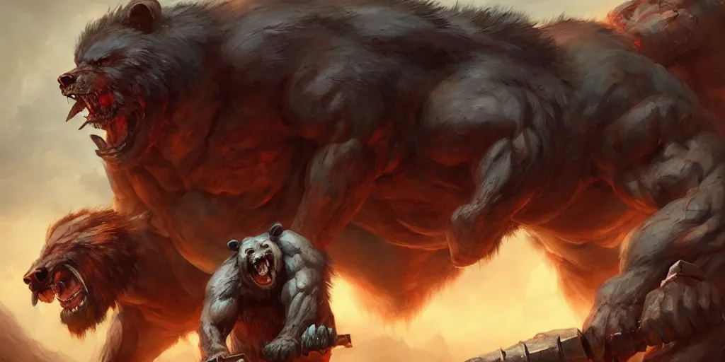 Image similar to Giant demon bear fighting a muscular gnoll. In style of Greg Rutkowski, Jesper Ejsing, Makoto Shinkai, trending on ArtStation, fantasy, great composition, concept art, highly detailed, scenery, 8K, Behance.