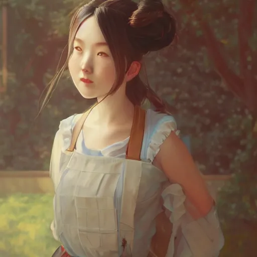 Image similar to a young woman in maid uniform by Stanley Artgerm Lau, WLOP, Rossdraws, Guweiz, Marc Simonetti, Studio Ghibli, krenz cushart, pixiv, background by James Jean and gustav klimt and John Marshall Gamble, 4k, volumetric lighting, french nouveau, trending on artstation, octane render, hyperrealistic