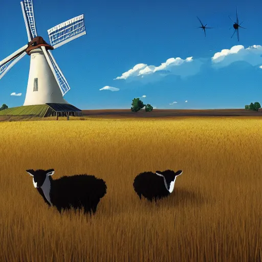 Image similar to a group of black - headed sheeps in a wheat field in front of a windmill by makoto shinkai and lois van baarle, ilya kuvshinov, rossdraws global illumination