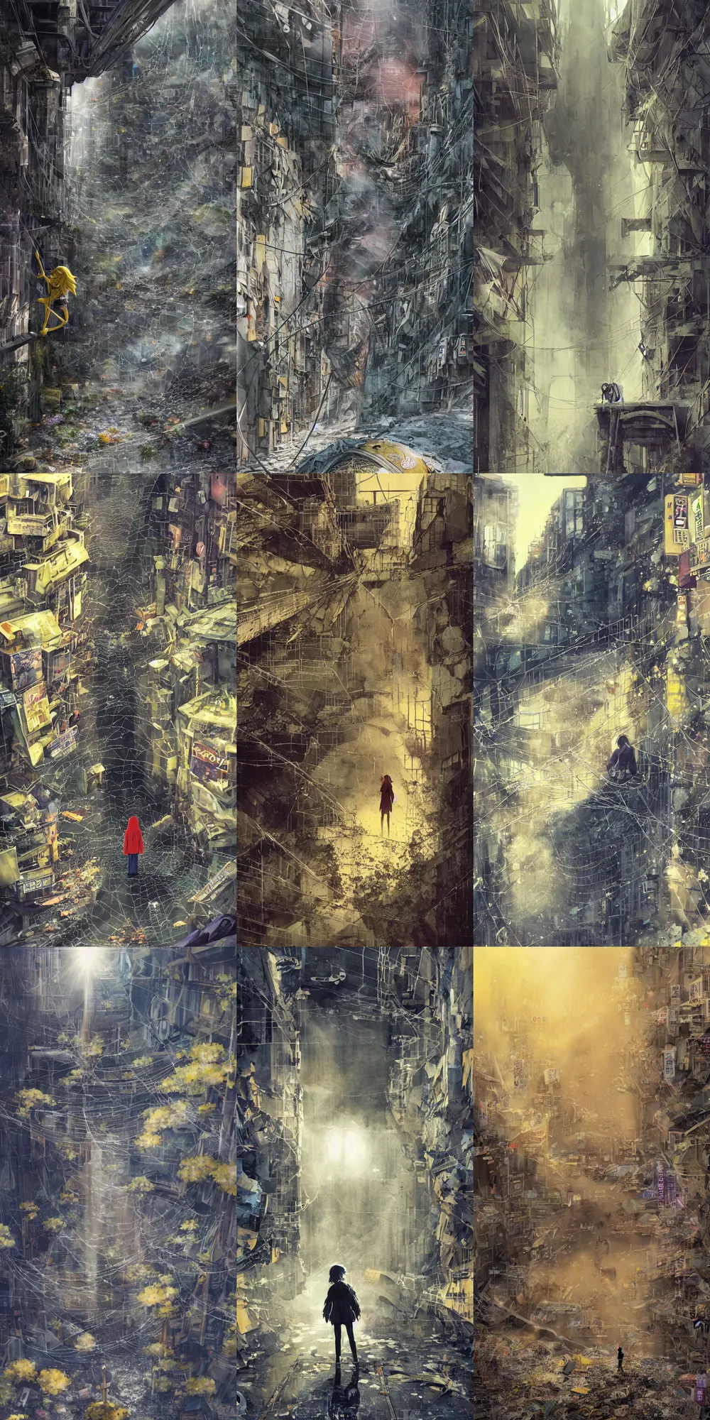 Prompt: anime movie scene, mamoru oshii, otomo, ultra wide, vanishing point, hoody woman explorer, watercolor, crater, chasm, collapse, sinkhole, spiderwebs, flowers, billboards, sun beam, dusty volumetric lighting, back lit, paper texture, puddles, deserted shinjuku junk, brutalist, under bridge, yellow, red