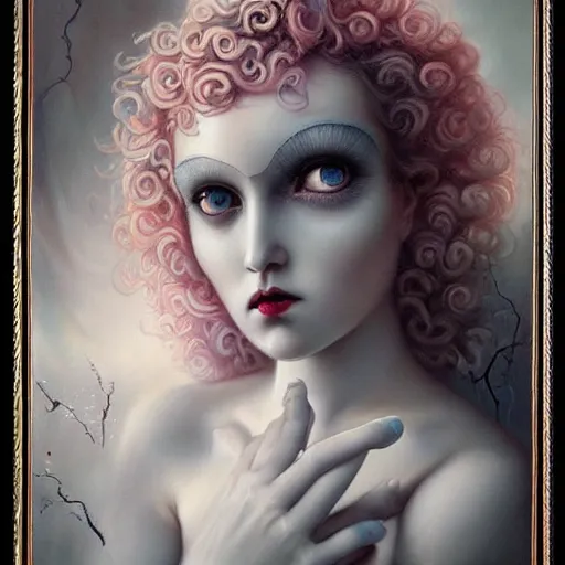 Prompt: By Tom Bagshaw, ultra realist soft painting of a curiosities carnival by night, beautiful dark eyed evil porcelain doll in full multiples tentacles dress, symmetry accurate features, very intricate details, omnious sky, black and white, volumetric light clouds