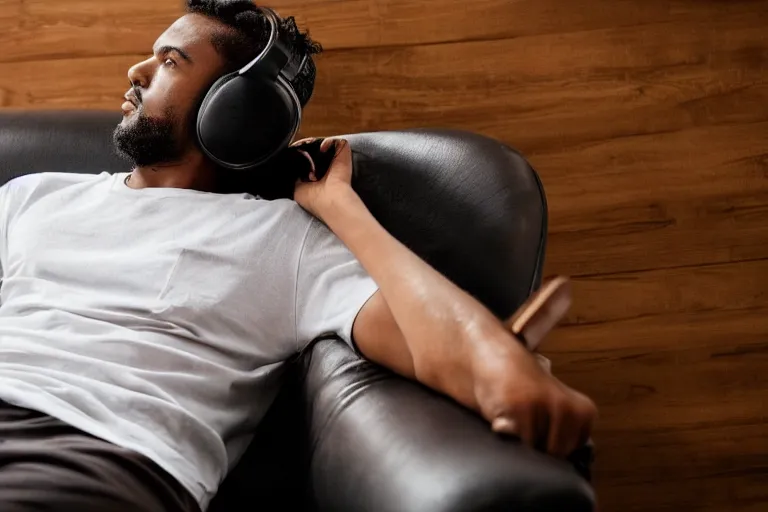 Prompt: a man that is deep in thought is wearing a white t - shirt and he is wearing black sweat pants and he is wearing over the ear headphones and he is relaxing in a brown leather chair that is in the reclining position