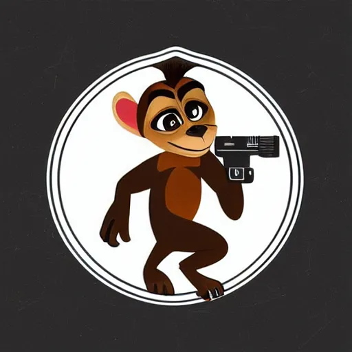 Image similar to “ logo of a upside down monkey in the style of zootopia holding laser gun, with a black background, digital art, award winning, trending on art station, retro style ”