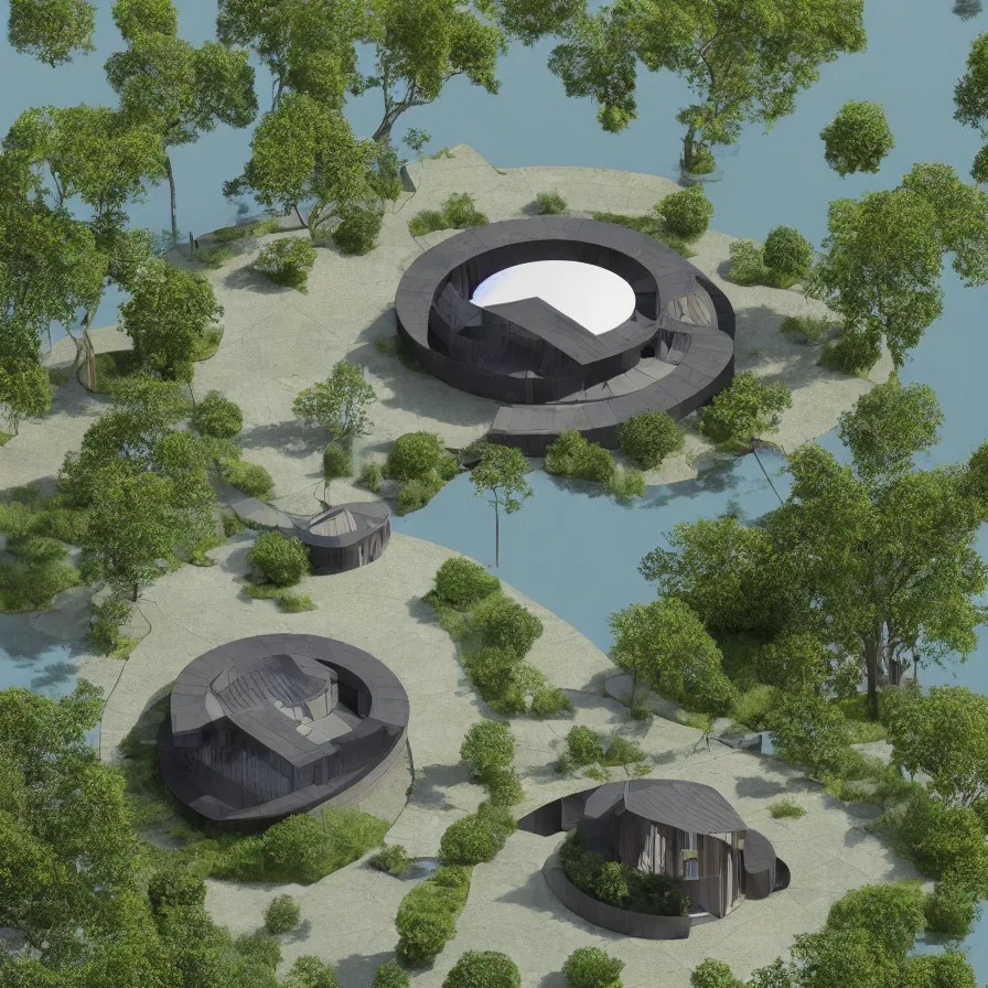 Prompt: architectural model, isometric view, 3 d render, studio lighting, low contrast, dark background, highly detailed, a circular house with circular courtyards floating on water at the sloping edge of a lake, tree