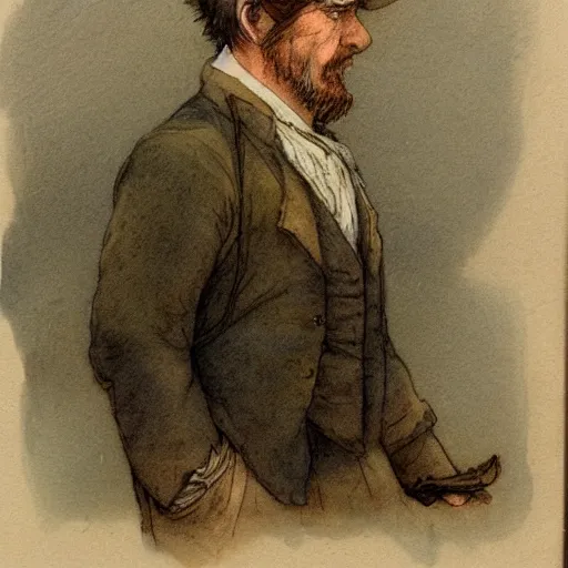 Image similar to portrait of a character standing and facing front looking strait ahead with a muted color watercolor sketch of story book character ifrom the book Baltimore & Redingote by Jean-Baptiste Monge of an old man in the style of by Jean-Baptiste Monge that looks like its by Jean-Baptiste Monge and refencing Jean-Baptiste Monge