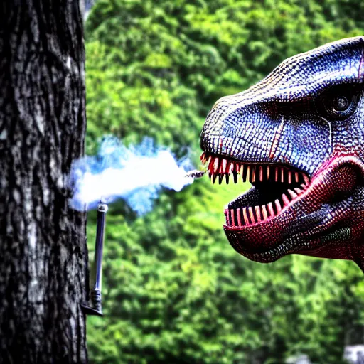 Image similar to dinosaur smoking a cigarette in their mouth realistic hdr professional shot