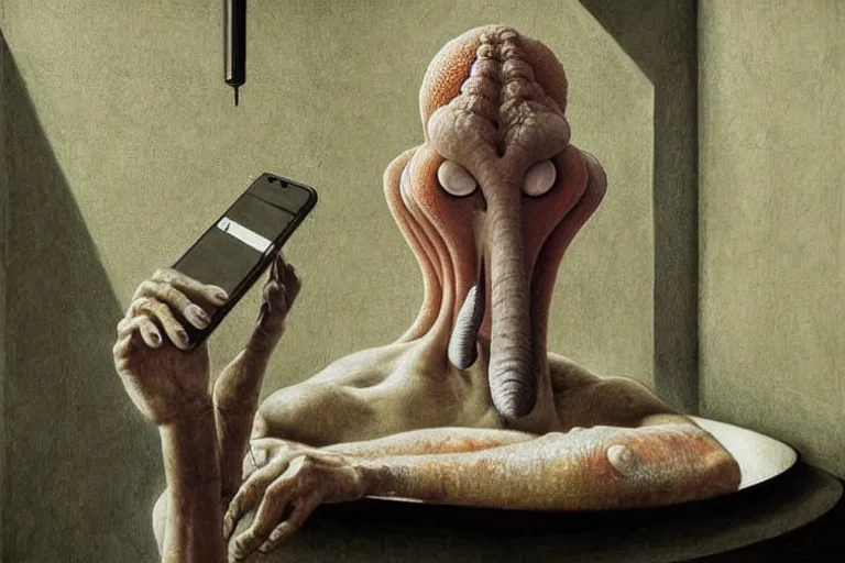 Image similar to hyperrealism aesthetic ridley scott and caravaggio and denis villeneuve style photography of a detailed giant squidward, siting on a detailed ultra huge toilet and scrolling his smartphone in surreal scene from detailed art house movie in style of alejandro jodorowsky and wes anderson