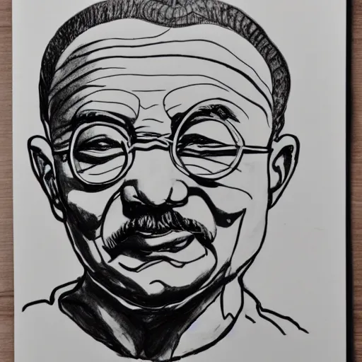 Image similar to continuous single line contour - drawing of ghandi, pen on white paper