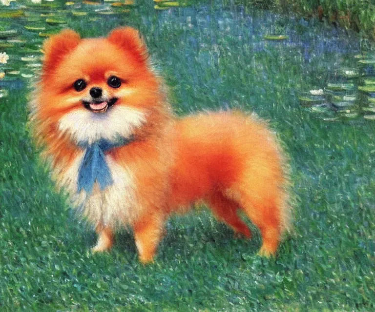 Image similar to pomeranian, cute, monet, oil painting