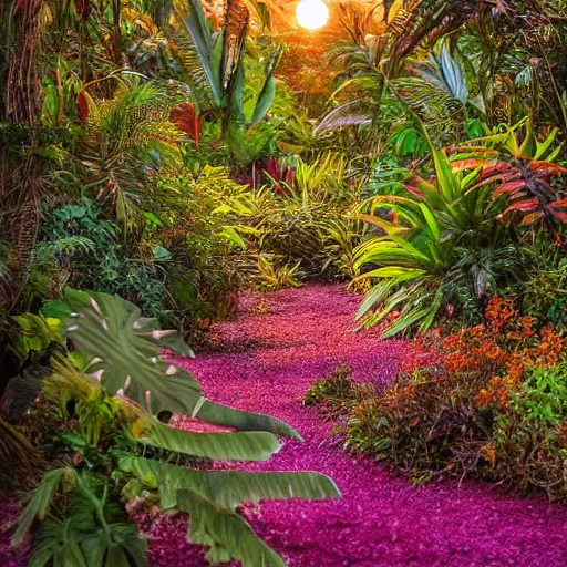 Image similar to an enchanted forest full of beautiful tropical flowers, with a sunset, by alex horley, bokeh photography, amaranth colour