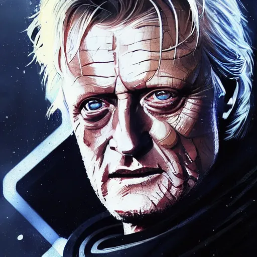 Image similar to star wars portrait of a rutger hauer by greg rutkowski, jacen solo, very sad and relucant expression, wearing a biomechanical suit, scifi, digital painting, artstation, concept art, smooth, artstation hq.