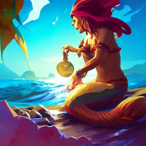 Image similar to painting mermaid treasure on sea of thieves game avatar hero smooth face median photoshop filter cutout vector, behance hd by jesper ejsing, by rhads, makoto shinkai and lois van baarle, ilya kuvshinov, rossdraws global illumination