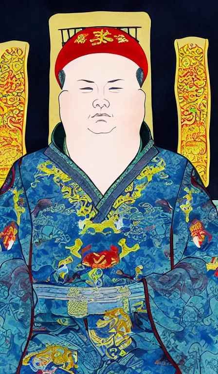 Image similar to Bobby Hill sits on his throne as emperor of Hill Dynasty China, ink and color on silk, imperial portrait