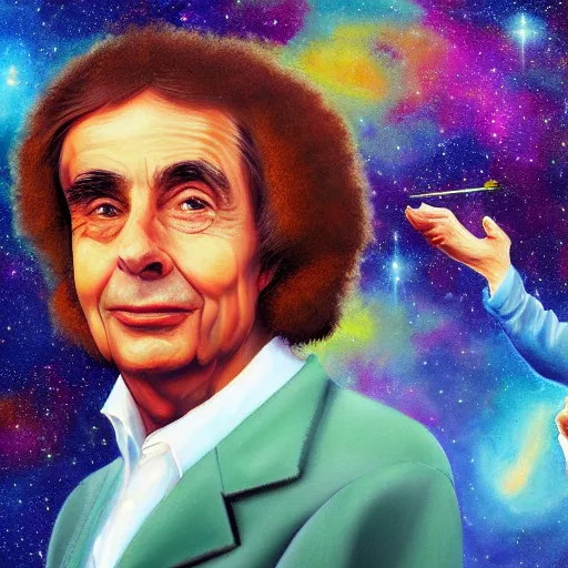 Prompt: an epic coherent oil painting of carl sagan and bob ross smoking weed together, cloud of smoke, galaxies, nebulae, hubble, james webb space telescope, digital painting bioluminance / n 4