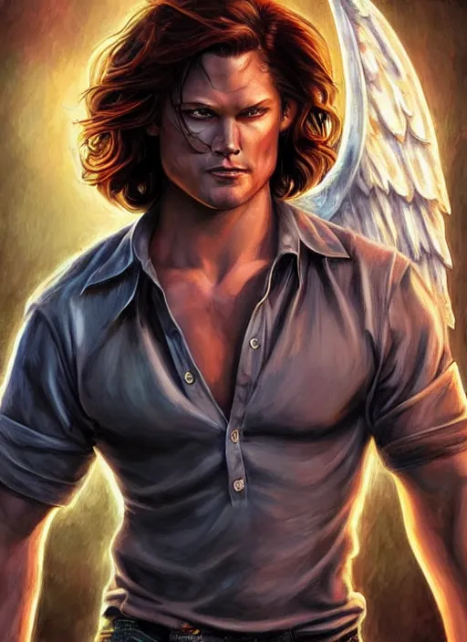 Prompt: beautiful! Sam Winchester as a muscular angel starring a urban fantasy romance book cover, D&D!, fantasy style, sharp focus!, ultra detailed, art by Artgerm and Peter Andrew Jones, WLUP