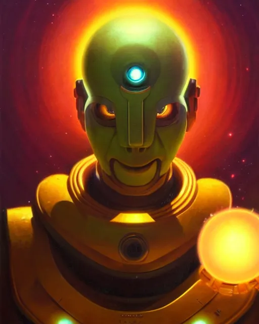 Image similar to zenyatta from overwatch, character portrait, portrait, close up, vintage fantasy art, vintage sci - fi art, radiant light, caustics, by boris vallejo