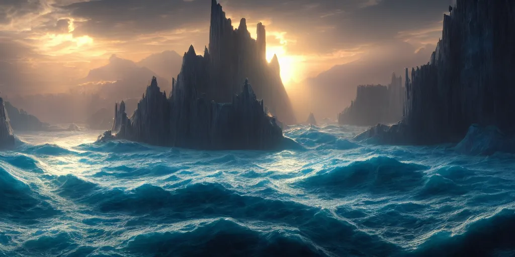 Image similar to atlantis, mysterious ， stream, sunrise, wallpaper ， god's rays highly detailed, vivid color, cinematic lighting, perfect composition, 8 k, gustave dore, derek zabrocki, greg rutkowski, belsinski, octane render