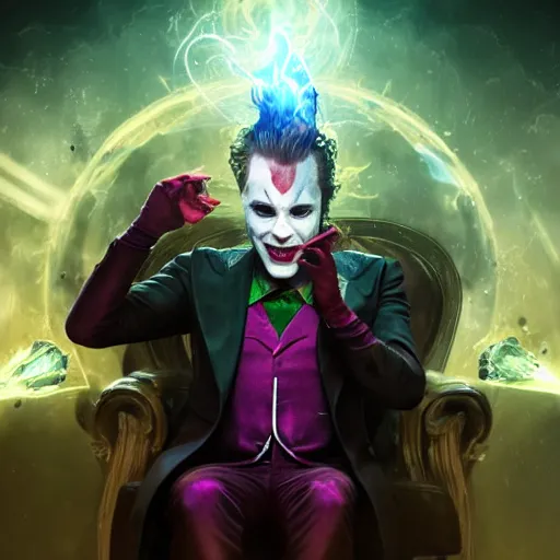 Image similar to portrait of elon musk as the joker as a spellcaster, league of legends amazing splashscreen artwork, splash art, natural light, elegant, photorealistic facial features, intricate, fantasy, detailed face, atmospheric lighting, anamorphic lens flare, cinematic lighting, league of legends splash art, hd wallpaper, ultra high details by greg rutkowski