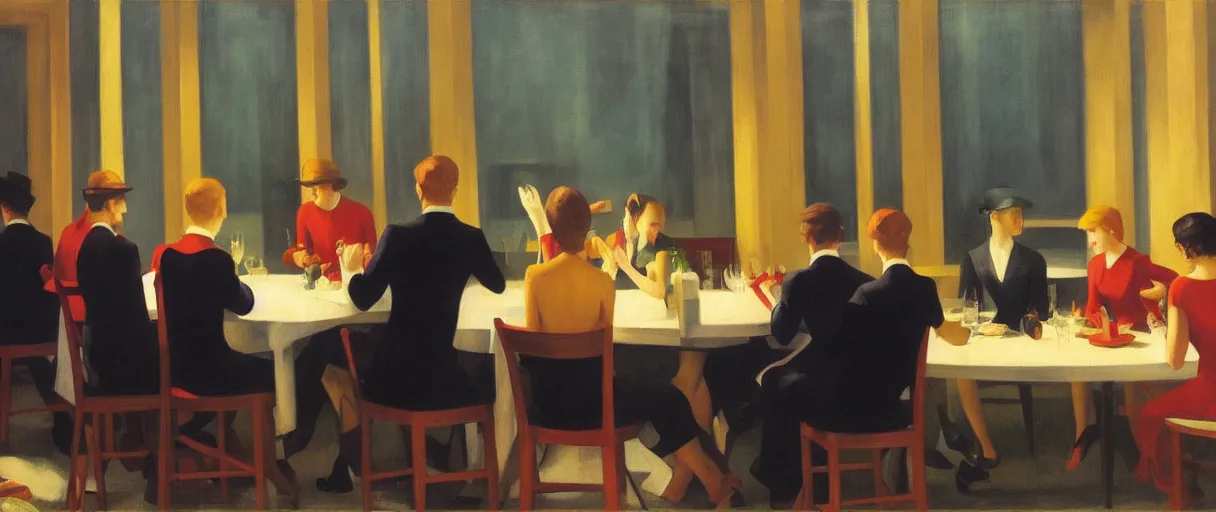 Image similar to an edward hopper painting of a young gen z group of friends having wine at a dinner party