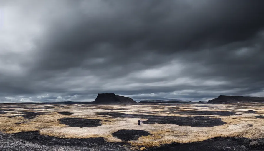 Image similar to a vast icelandic landscape, black sands and cream colored menhirs, cloudy sky, dust particles, cinematic lighting, behance hd, trending on artstation, national geographic photography, digital painting, matte painting