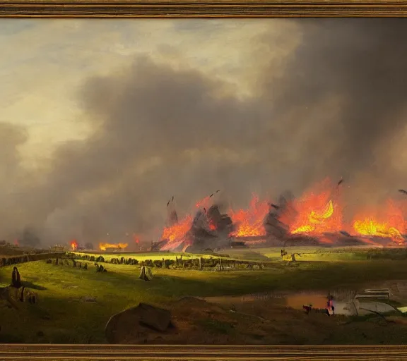 Prompt: landscape portrait of a an immense funeral pyre, with large green dollar bills in it, by william sidney mount, trending on artstation