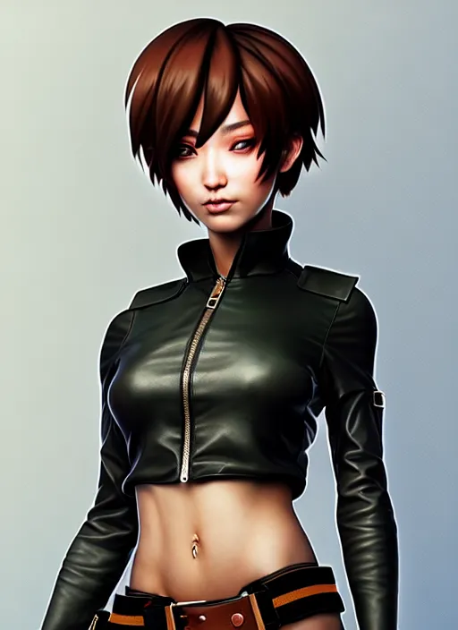 Image similar to rogue, leather bandit outfit!!! beautiful and athletic short hair female!! gorgeous face and eyes!! character concept art, sharp focus, octane render! unreal engine 5! highly rendered!! trending on artstation!! detailed linework!! illustration by artgerm, wlop, and chie yoshii