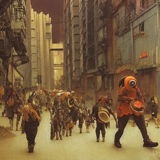 Image similar to portrait of parade of peasants in costumes in the art deco streets of the industrial Undying Empire city of ya-Don during the Festival of Masks, award-winning realistic sci-fi concept art by Beksinski, Bruegel, Greg Rutkowski, Alphonse Mucha, and Yoshitaka Amano