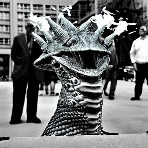 Image similar to conehead lizard businessmen burning money for fun, 35mm grainy film photography