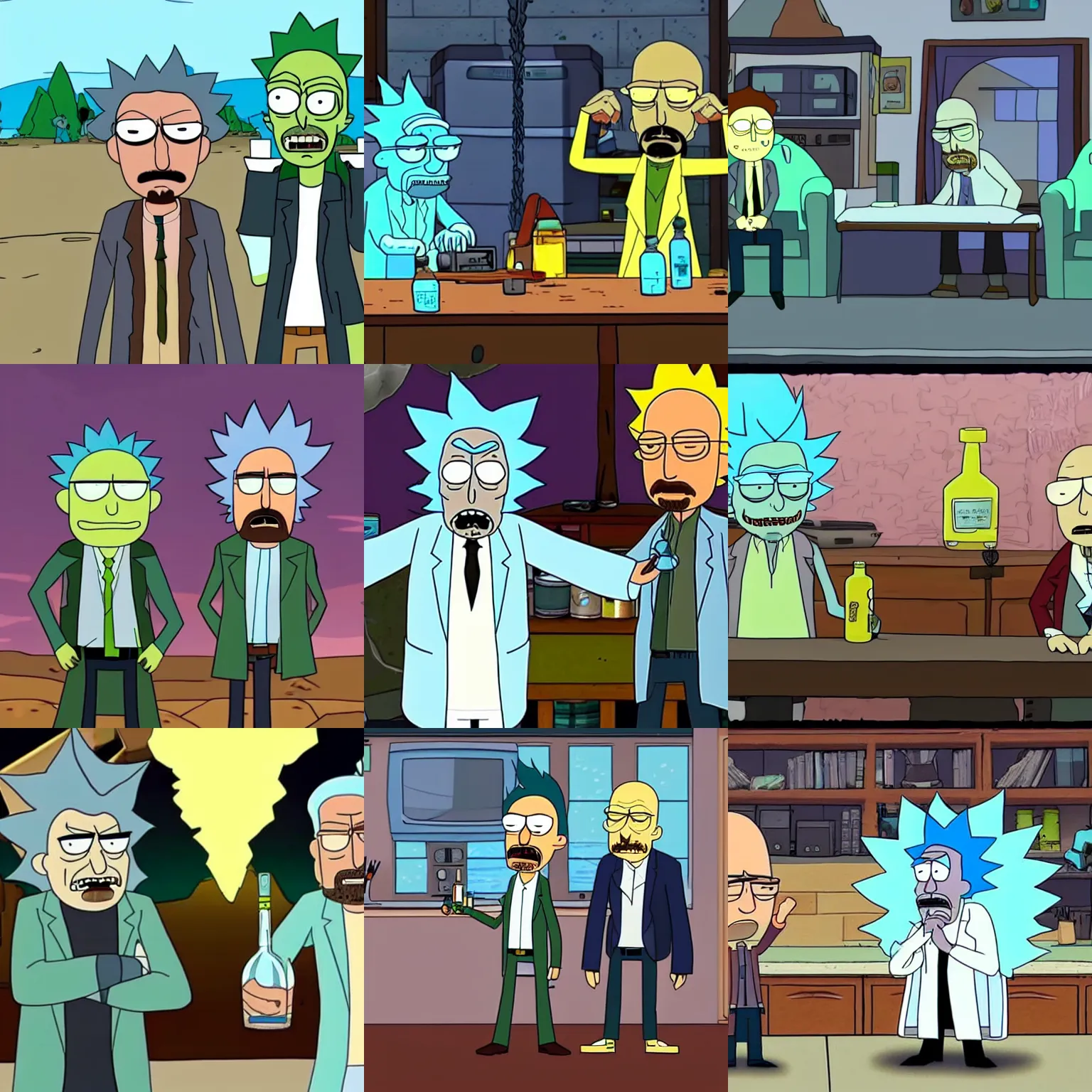 Prompt: Rick Sanchez and Walter White from breaking bad make potions in the TV series Rick and Morty