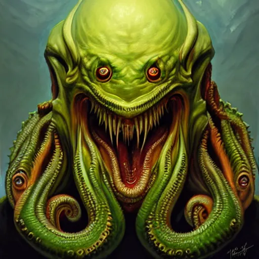 Prompt: Facial portrait cthulhu, looking at the camera, slight evil smile, lips wide parted, mouth wide open, sharp teeth visible, fear inspiring, intimidating, extremely detailed painting by Greg Rutkowski and by Henry Justice Ford and by Steve Henderson