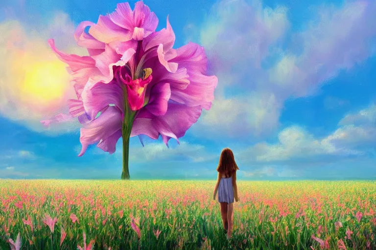 Image similar to giant gladiola head, girl walking in field of flowers, surreal photography, sunrise, blue sky, dramatic light, impressionist painting, digital painting, artstation, simon stalenhag