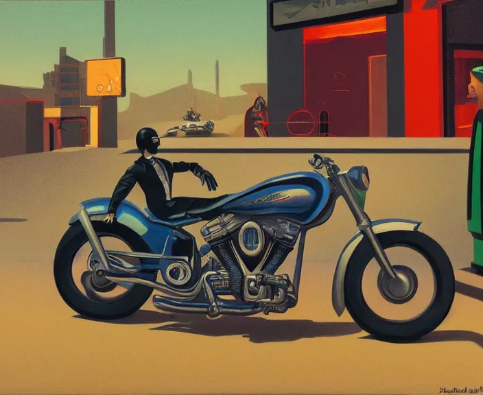 Image similar to a very detailed painting of a alien wearing a suit, riding a motorbike down a street, harley davidson motorbike, worm's - eye view, very fine brush strokes, very aesthetic, very futuristic, in the style of edward hopper and grant wood and syd mead, 4 k,