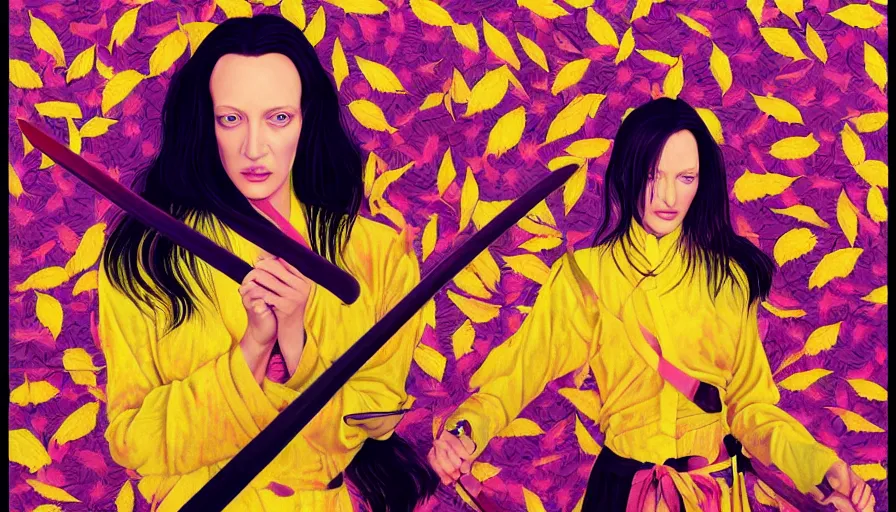 Image similar to breathtaking detailed pattern pastel colors of uma thurman ( kill bill ) in yellow suit, with katana sword and autumn leaves, by hsiao - ron cheng, bizarre compositions, exquisite detail, enhanced eye detail