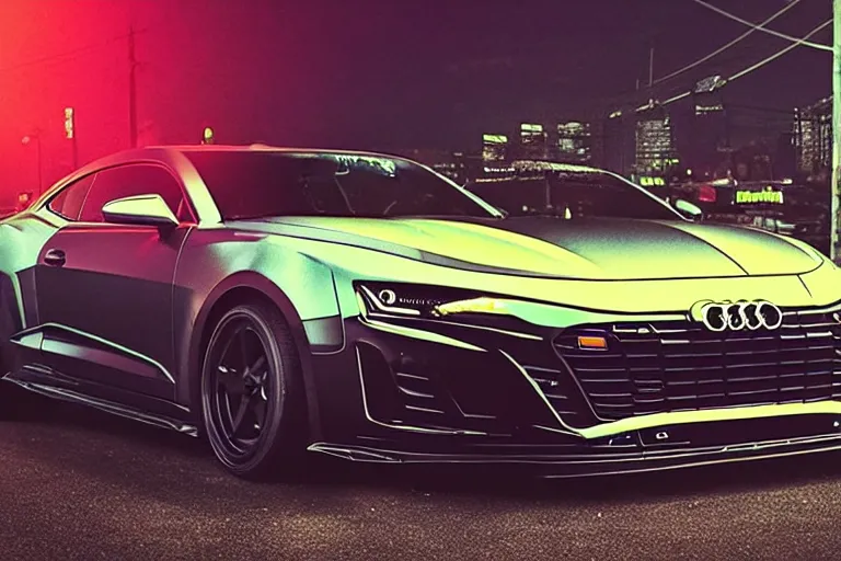 Image similar to widebody all black audi camaro b 9 ( 2 0 2 0 ), need for speed : carbon, at night, sci - fi, neon lines, phonk music background, smoke behind wheels, noise, dark, establishing shot, by simon stalenhag