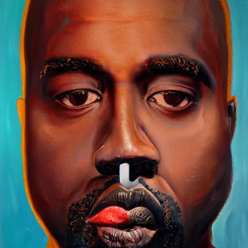 Image similar to a realistic oil painting of a cybernetic kanye west cyborg, surrealism portrait, close up