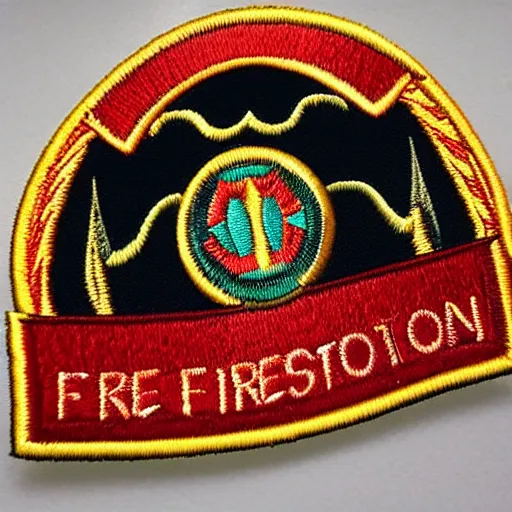 Prompt: fire station flame embroidered patch retro design