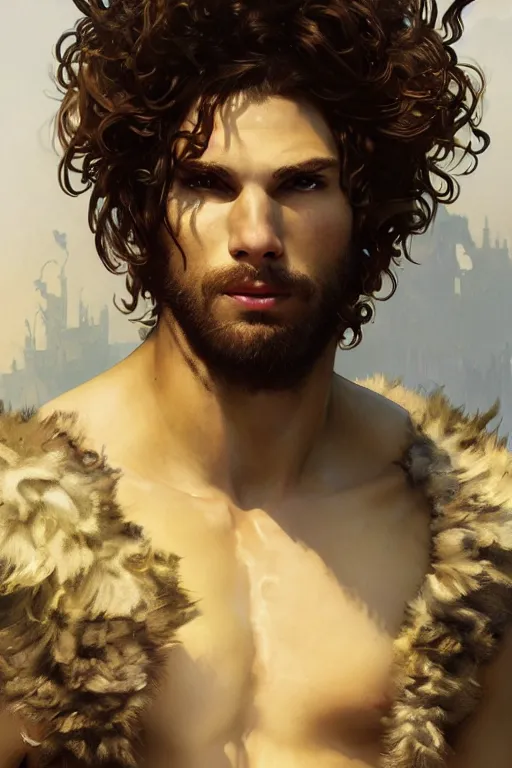 Prompt: portrait of a beautiful young fit male barbarian with curly hairs, wearing a fur armor, luminous scene, by elmore, greg rutkowski and alphonse mucha, d & d character, gradient white to yellow, in front of a ruined temple background, highly detailed portrait, digital painting, artstation, concept art, smooth, sharp focus ilustration, artstation hq