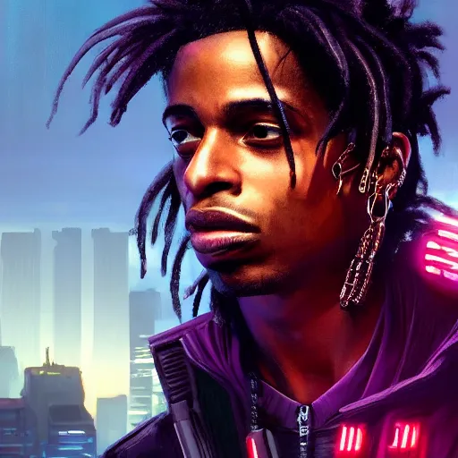 Image similar to cyberpunk, closeup portrait of a playboi carti, dramatic light, city background, sunset, dystopian setting, high contrast, sharp, neuromancer, henry dorsett case, painted by stanley lau, painted by greg rutkowski, painted by stanley artgerm, digital art, trending on artstation