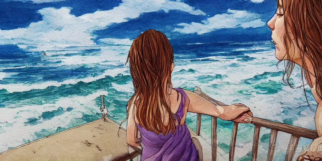 Image similar to girl looking at the ocean waves, superwide angle, intricate, highly detailed, illustration, art by Leon Bosko