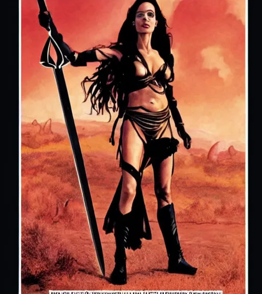 Image similar to 1 9 8 0 s fantasy novel book cover, amazonian angelina jolie in extremely tight bikini armor wielding a cartoonishly large sword, exaggerated body features, dark and smoky background, low quality print