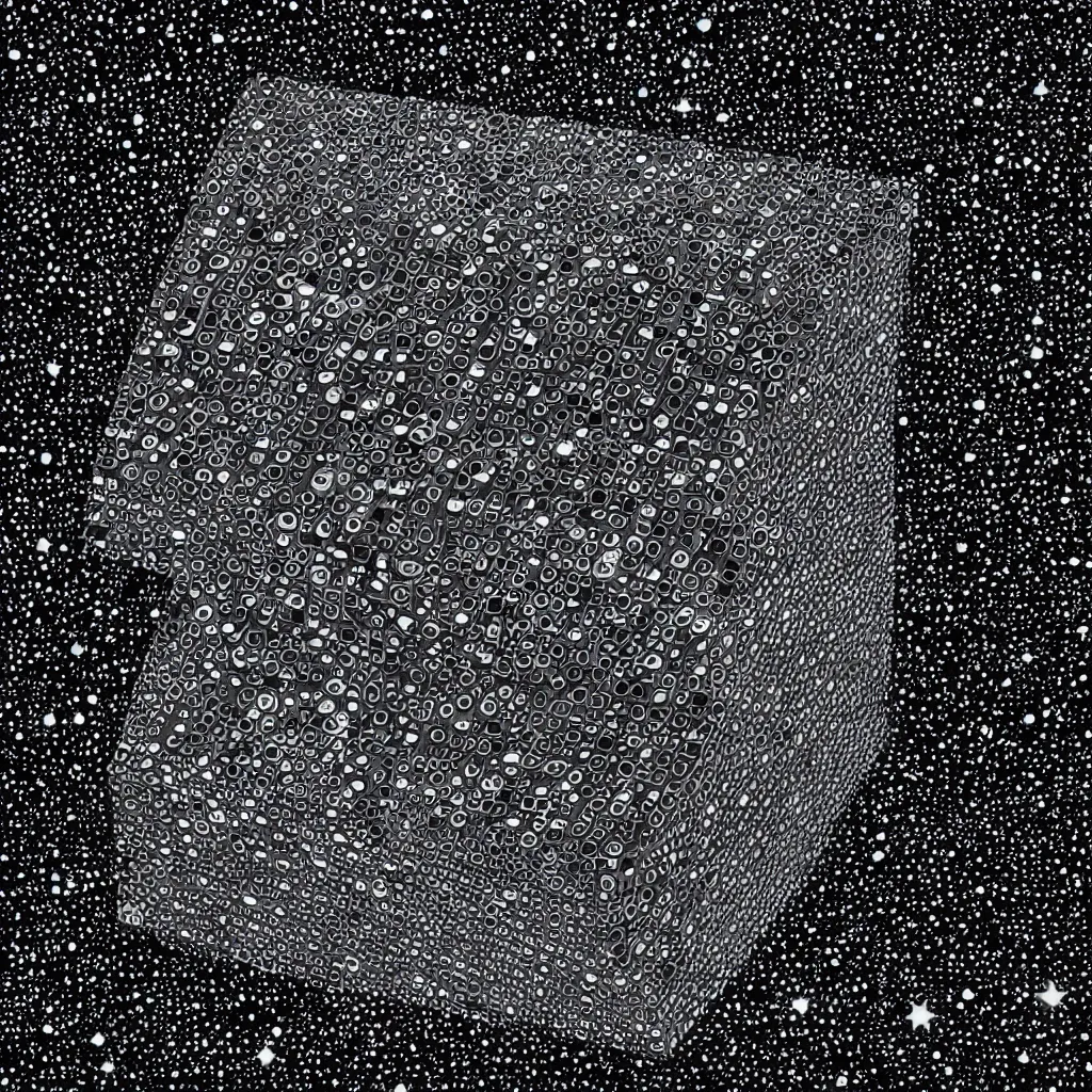 Prompt: borg cube on a black star dotted background, art by mark cooper, 8 k, hyper detailed, hdr, intricate, masterpiece