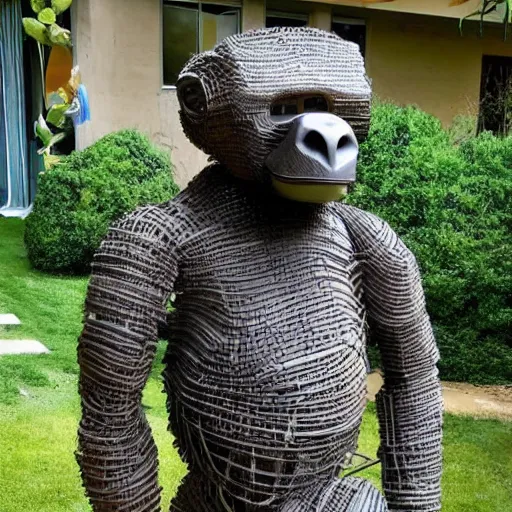 Prompt: A sculpture made of recycled materials but with perfect definition, 🍄🦍