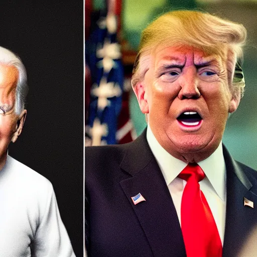 Prompt: joe biden in a bloody diaper, fist fighting a dwarf - sized donald trump, ultra hyper mega realistic, render