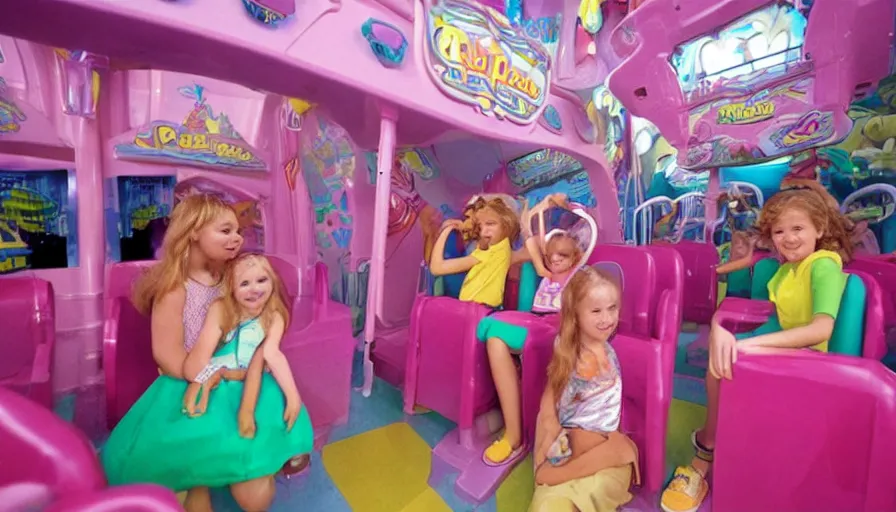 Prompt: 1990s photo of inside the Polly Pocket ride at Universal Studios in Orlando, Florida, children riding through a life size Polly Pocket , cinematic, UHD