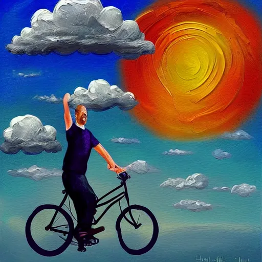 Image similar to A whimsical painting of a happy man flying in the sky on his bicycle in the clouds, expressive oil painting, digital art