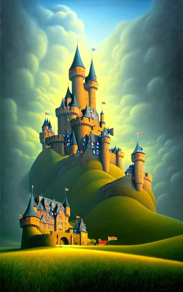 Image similar to close view of a castle an oil on canvas portrait painting of world castle happy place, volumetric light godray, surrealism, surrealist, impossible geometry, rob gonsalves, high detail fantastic gediminas pranckevicius