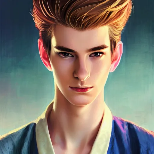 Image similar to colorful Captivating teenage boy with brown blond short quiff hair and facial structure like andrew garfield, brown eyes with red eye markers, slim body, wearing a detailed Japanese kimono with golden details, atmospheric lighting, painted, intricate, 4k, highly detailed by Charlie Bowater